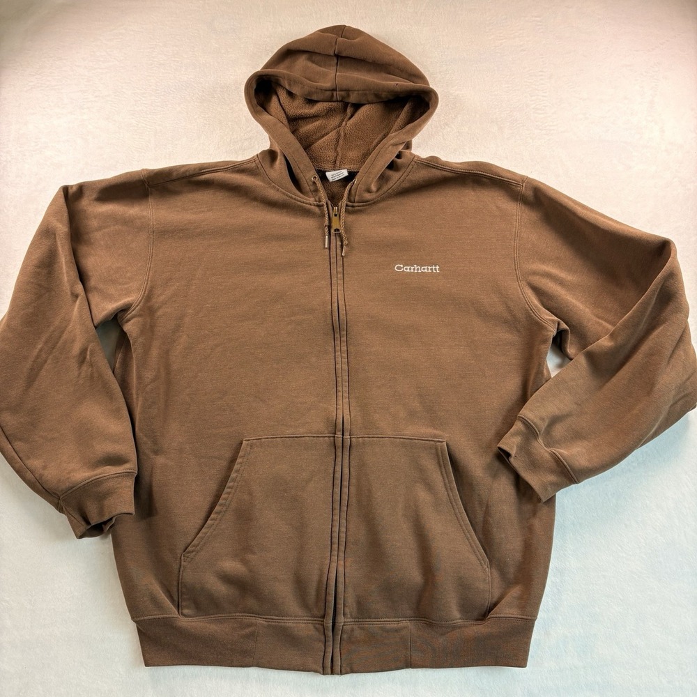 Vintage Carhartt Full Zip Hoodie L Work Logo Embroidered Script Sweatshirt Brown